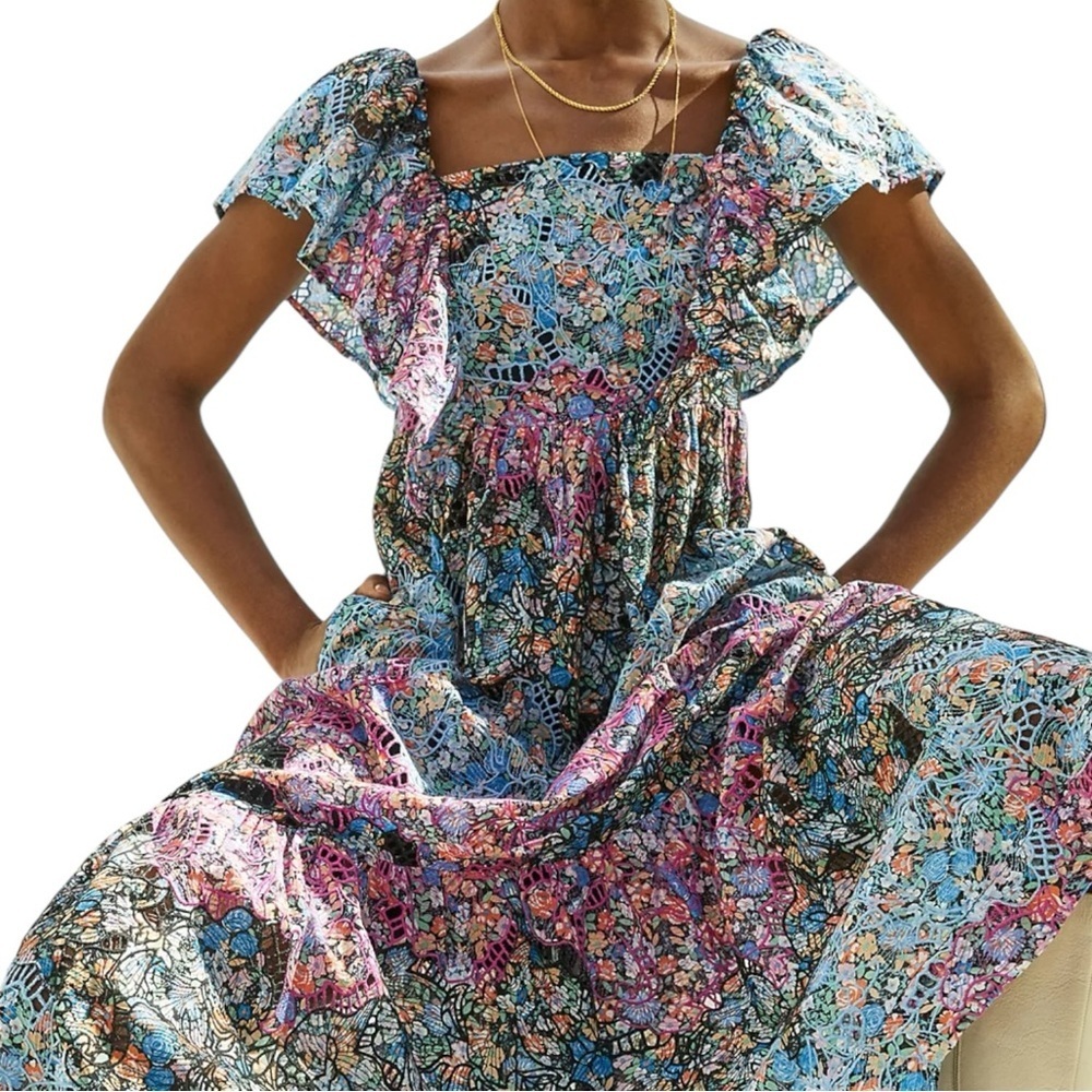 Anthropologie L Clementina Eyelet Maxi Dress tiered boho embroidery floral smock